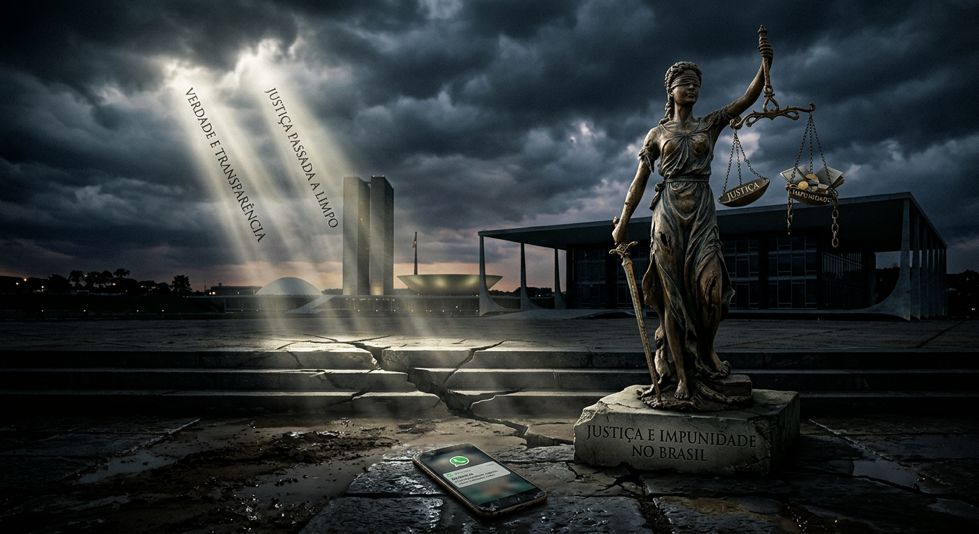 Imagem conceitual de Lady Justice com balança quebrada, simbolizando justiça e impunidade no Brasil, com fundo de tribunal e um elemento digital como um ícone de WhatsApp.