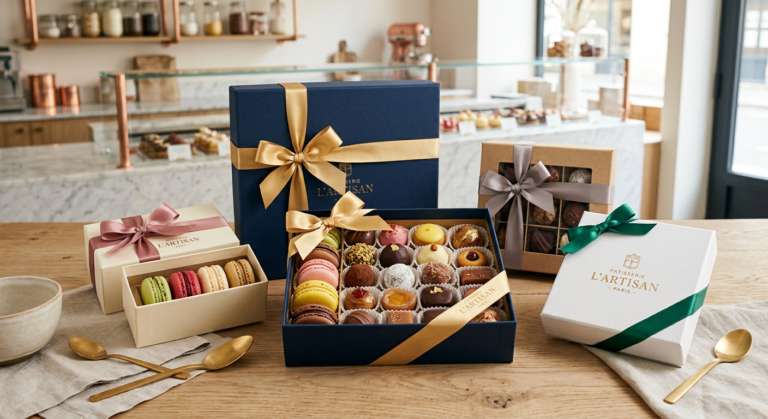 Doces gourmet para presentear, elegantemente embalados em caixas com laços, estilo confeitaria de alto padrão, representando o curso Doces para Presentear da Ísis Alvarez.