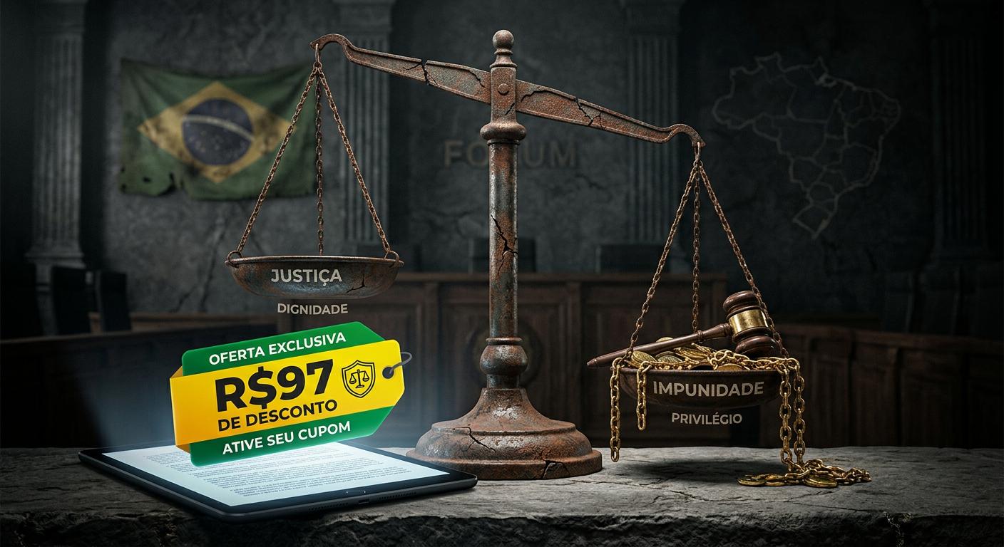 Balança da justiça desequilibrada com um cupom de desconto 'R$97 OFERTA' sobreposto, simbolizando as falhas da justiça e impunidade no Brasil para um curso online.