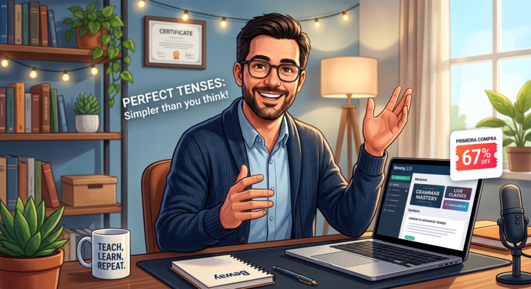 Professor Jonas do Beway 2.0 ensina inglês online, com destaque para cupom de desconto na primeira compra.