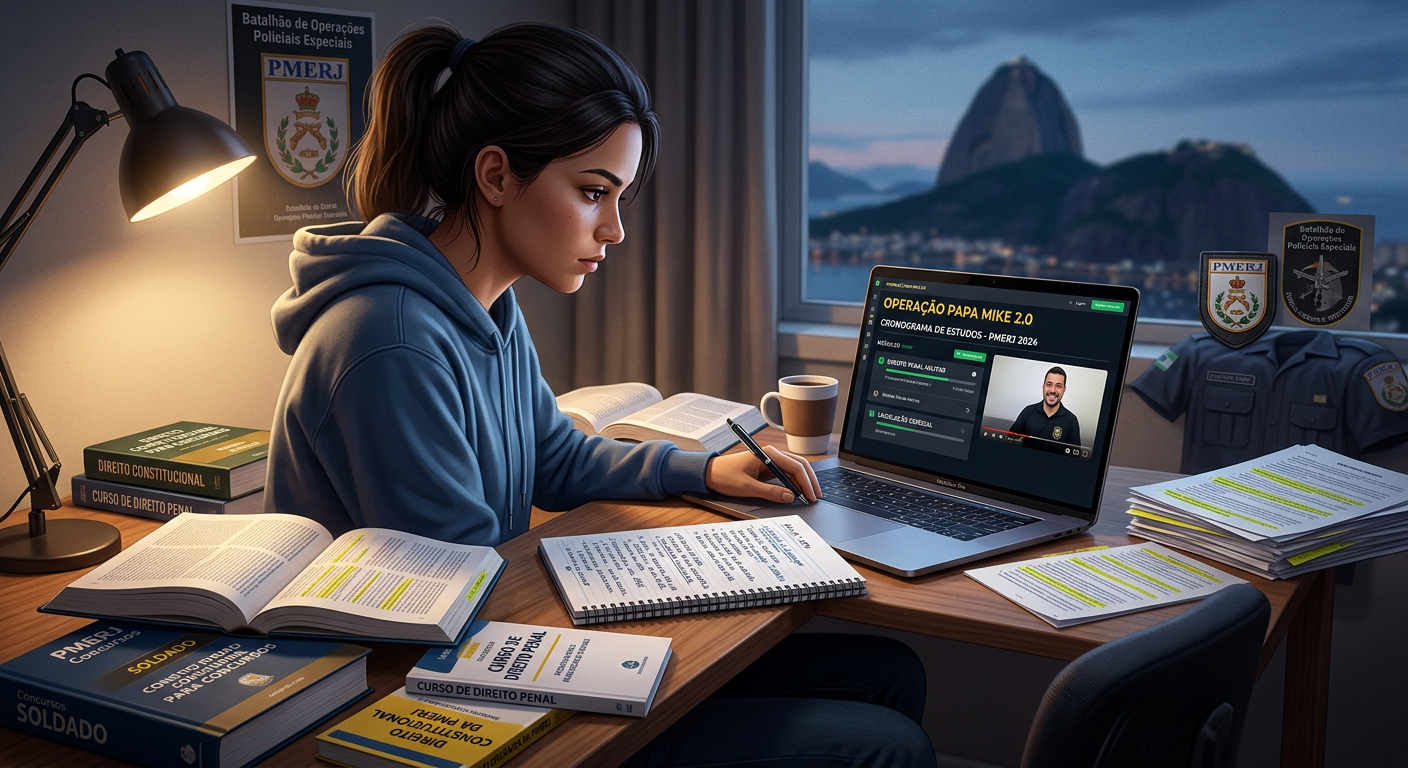 Jovem candidato(a) estudando em laptop para o concurso PMERJ Soldado, com o curso Operação Papa Mike 2.0 e elementos da polícia militar ao fundo.