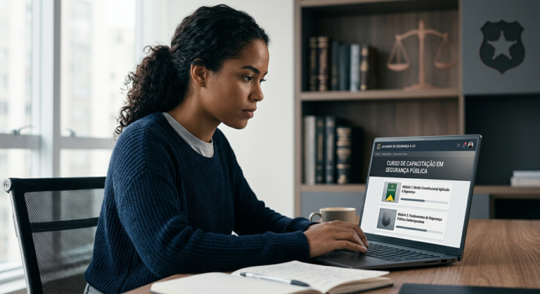 Estudante focado em um laptop, simbolizando a agilidade do Curso Superior Sequencial de Gestão em Segurança Pública e Privada para concursos e carreiras policiais.