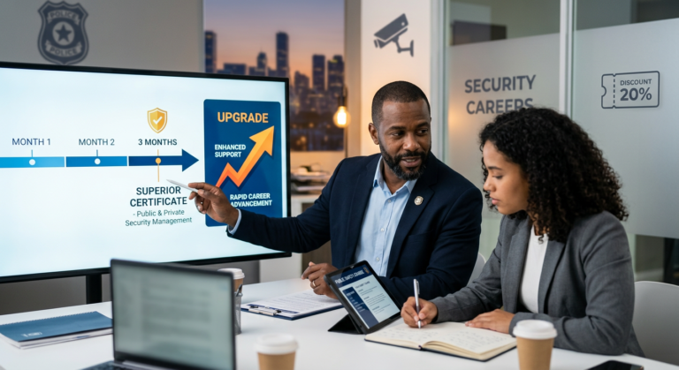 Mateus Óliver, ex-policial e mentor, orienta aluno sobre o Curso Sequencial, mostrando rapidez (3 meses) e certificado superior para carreiras policiais, com ícone de upgrade de suporte e cupom.