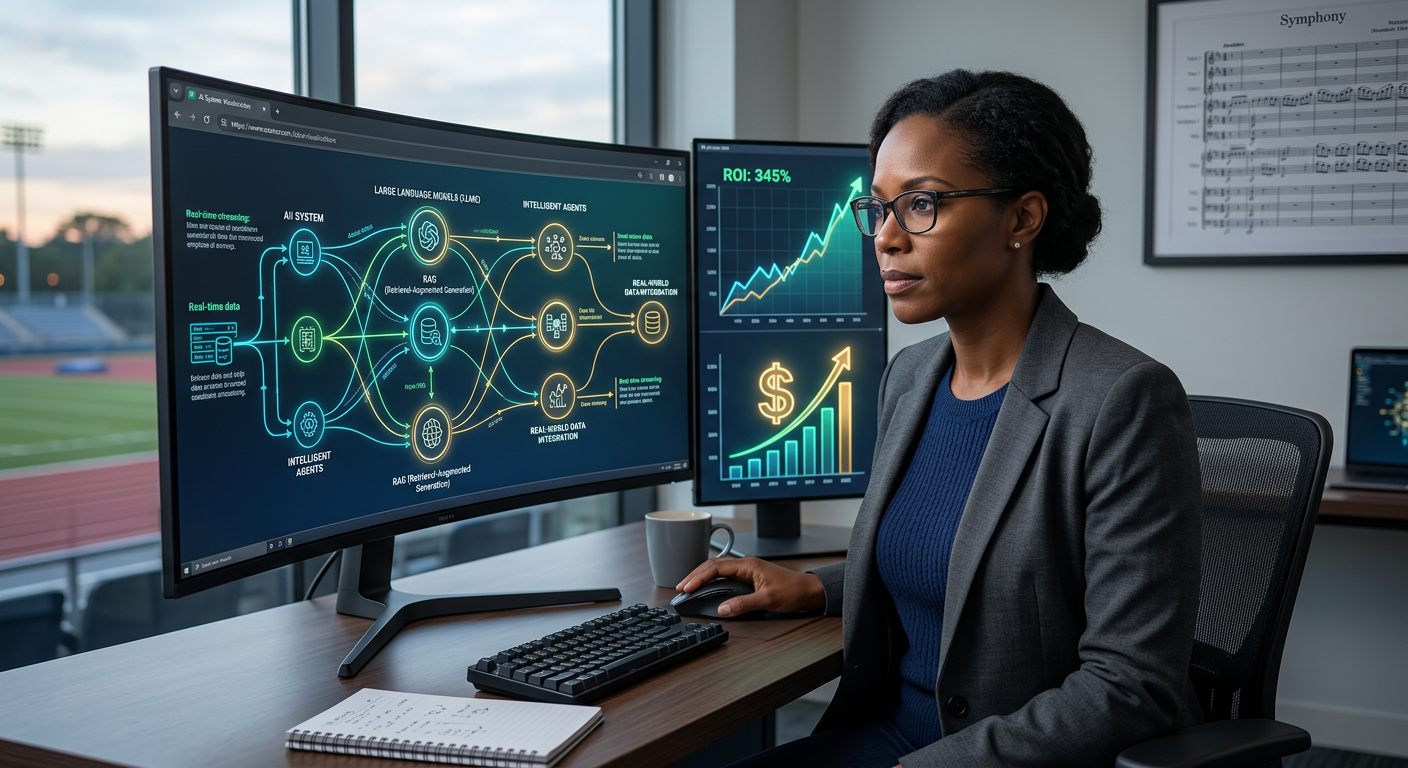 Profissional analisando retorno financeiro de investimento em Especialização IA Dev, com gráficos de IA e crescimento em telas.