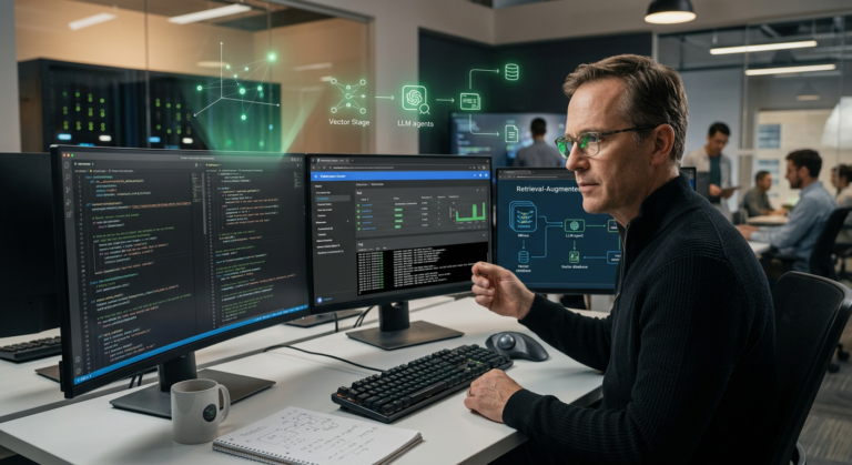 Engenheiro sênior focado em código complexo de IA, arquiteturas RAG e dashboards de Kubernetes em múltiplas telas.