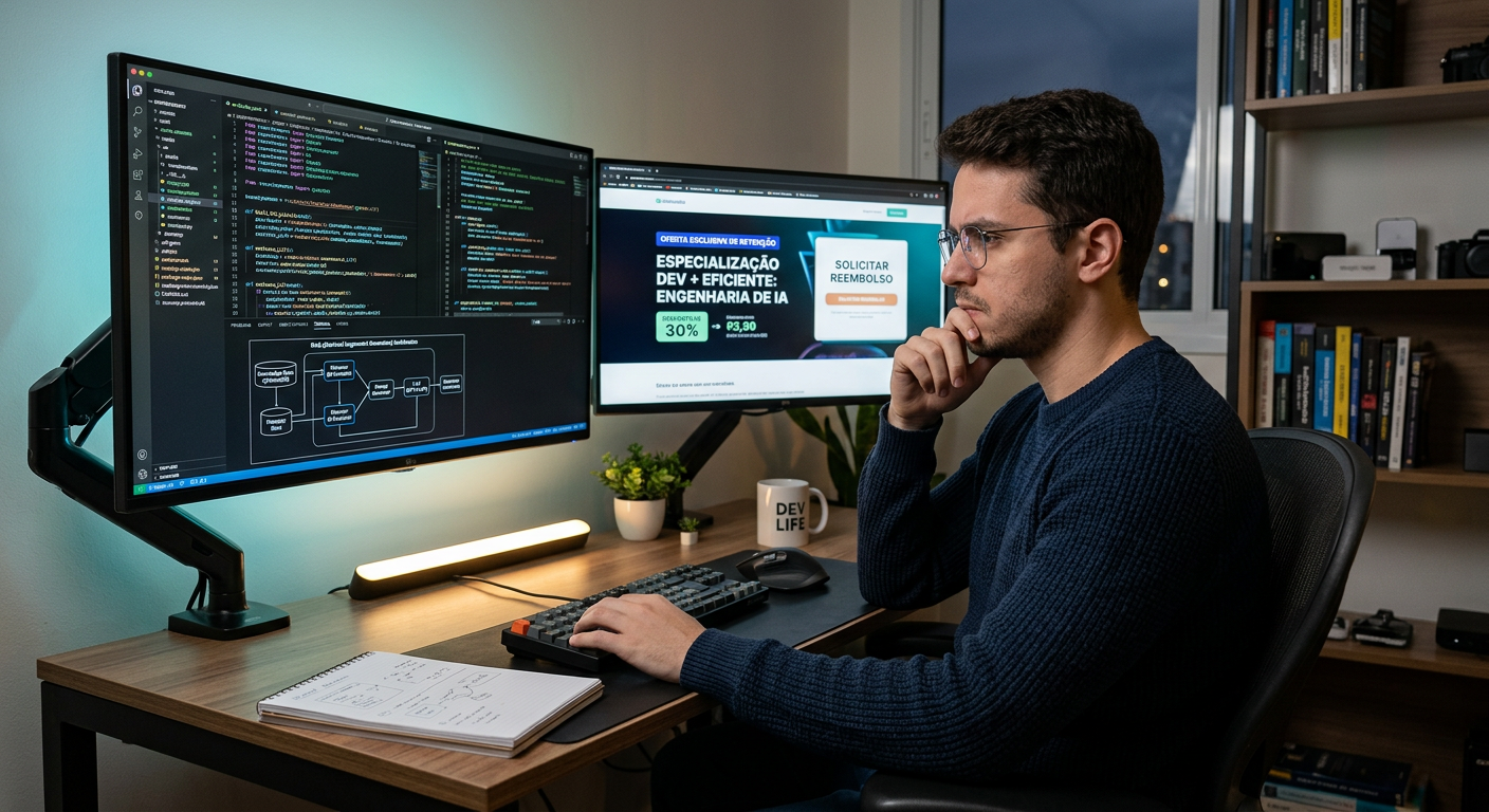Engenheiro de software (Alberto Luiz) ponderando sobre o curso de Especialização em Engenharia de IA, com um monitor exibindo código e outro uma oferta de desconto de retenção vs reembolso.