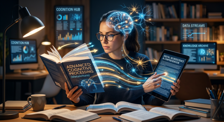 Pessoa lendo rapidamente com conexões cerebrais e símbolos de neurociência, representando Leitura Dinâmica e Metaleitura (LDE).