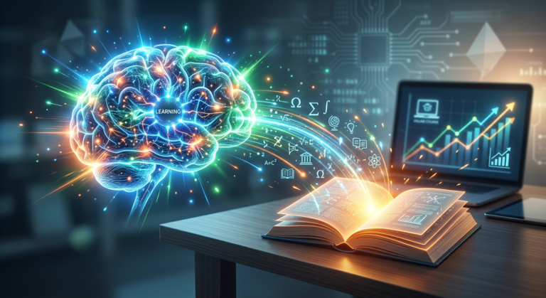 Ilustração conceitual de um cérebro em atividade intensa com sinapses luminosas sobrepondo um livro aberto e linhas de velocidade, representando leitura dinâmica, memorização e aprendizado acelerado do curso Metaleitura de Renato Alves.