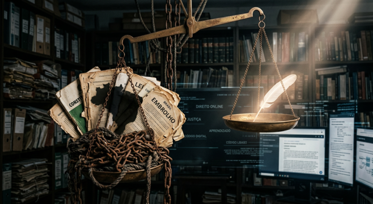 Balanças da justiça desequilibradas representando a impunidade no sistema jurídico brasileiro, com elementos de curso online ao fundo.