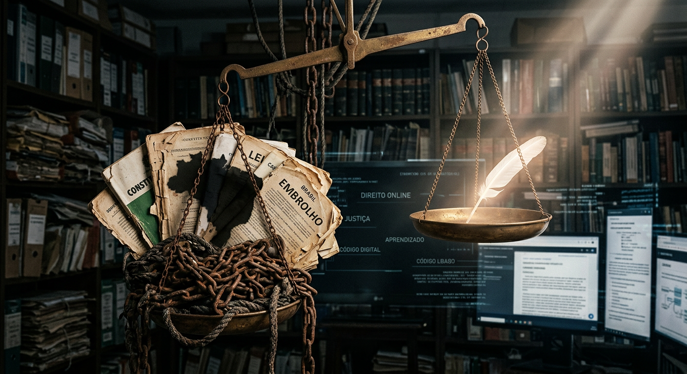 Balanças da justiça desequilibradas representando a impunidade no sistema jurídico brasileiro, com elementos de curso online ao fundo.