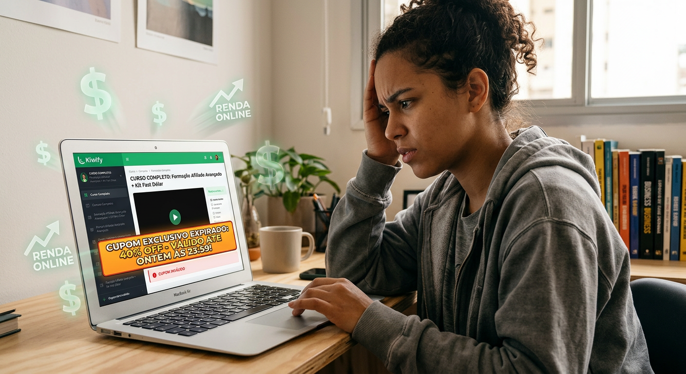 Pessoa frustrada olhando um cupom de desconto para o curso Taynã Gauche (Formação Afiliado Avançado) na tela do computador, após já ter comprado o produto.