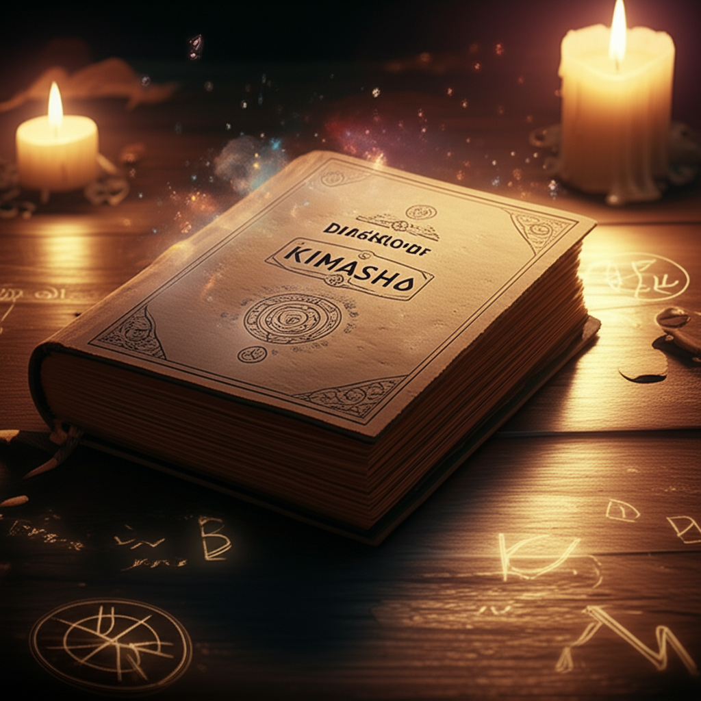 Capa aberta do Diário de Kimasha Kotuno com símbolos ocultos e iluminação de vela