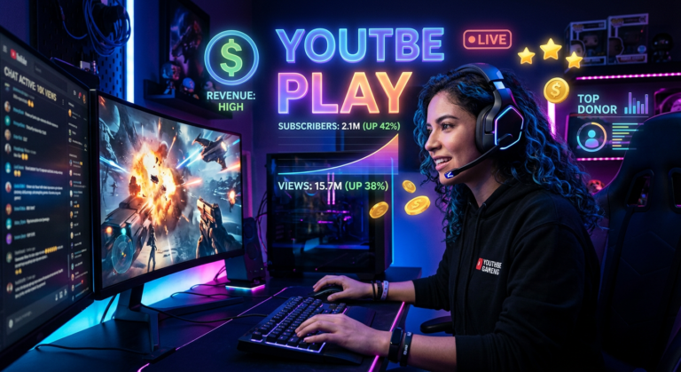 Jovem gamer com headset focado em tela, com projeções holográficas de gráficos de crescimento e monetização do YouTube, simbolizando sucesso e viralização no nicho de jogos.