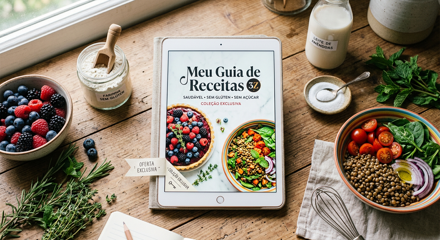 Capa digital do Meu Guia de Receitas 3Z em tablet, rodeado por ingredientes saudáveis e um sutil aviso de oferta exclusiva.