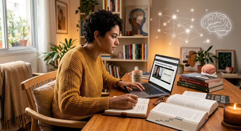 Pessoa estudando Formação em Psicanálise Clínica online em um laptop, rodeada por livros e símbolos da mente humana.