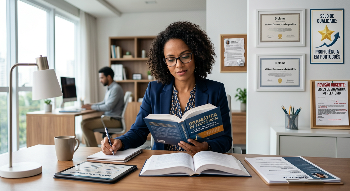 Pessoa estudando português com foco, simbolizando o domínio da gramática e o sucesso profissional, contrastando com as consequências negativas da inação e erros gramaticais.