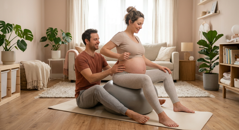 Gestante no segundo trimestre fazendo exercícios de mobilidade pélvica em uma bola de yoga, com apoio do parceiro, em um ambiente calmo e bem iluminado. Preparação para um parto mais fácil.