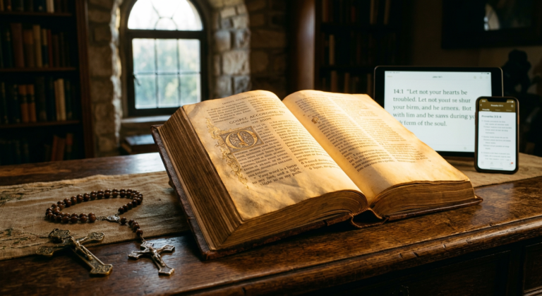 Open ancient Bible glowing, surrounded by Catholic symbols and modern devices displaying scripture, symbolizing quick access to apologetics.