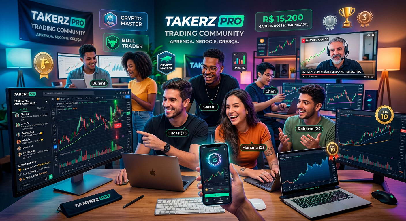 Membros da comunidade TakerZ PRO colaborando em telas de computador com gráficos de Forex e criptomoedas, elementos de gamificação, e a presença de um mentor. Transmite engajamento e aprendizado em trading.