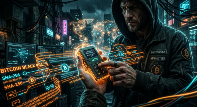 Imagem neo-noir do conceito 'Bitcoin Black Pill', mostrando mãos interagindo com uma hardware wallet de Bitcoin, cercadas por código digital e dados. Simboliza soberania financeira e autocustódia contra o sistema.