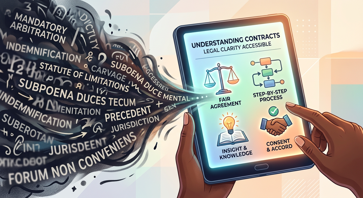 Ilustração digital de um e-reader simplificando conceitos jurídicos complexos em ícones e gráficos claros, simbolizando a facilidade de aprendizado do Direito.