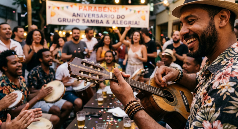 Pessoa tocando cavaquinho ou banjo com destreza em uma roda de samba animada, comemoração de aniversário e cupom do Método Do Zero ao Pagode.