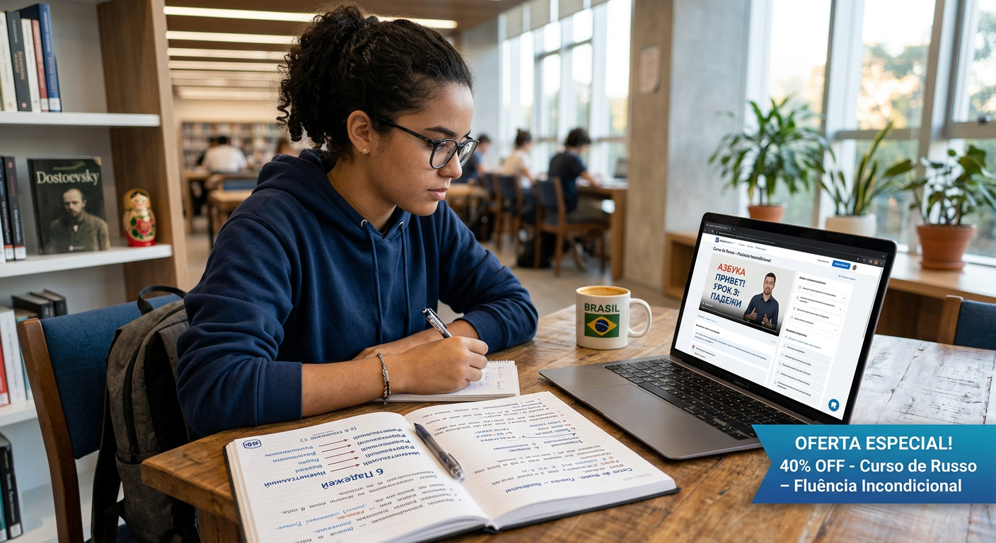 Jovem estudante focado em aprender russo em um laptop, com elementos de cupom de desconto e símbolos da cultura russa, em tons de azul e branco.