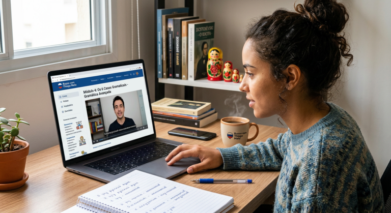 Jovem brasileiro(a) focado(a) estudando russo online em um laptop, com caracteres cirílicos visíveis e elementos culturais russos ao redor, representando o Curso de Russo Fluência Incondicional.