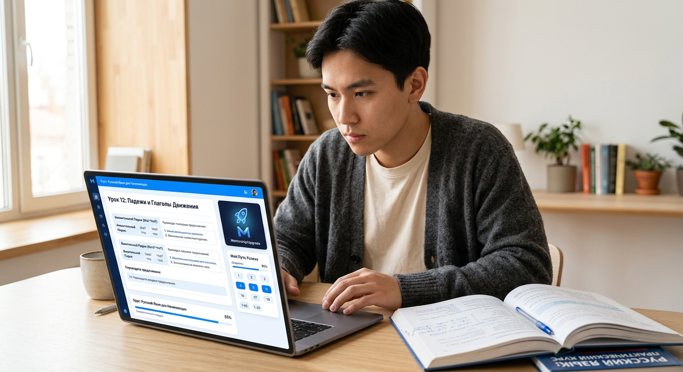 Estudante focado aprendendo russo em plataforma online TH Melo Idiomas com alfabeto cirílico e exercícios no monitor, ambiente de estudo moderno com toques de azul vibrante.