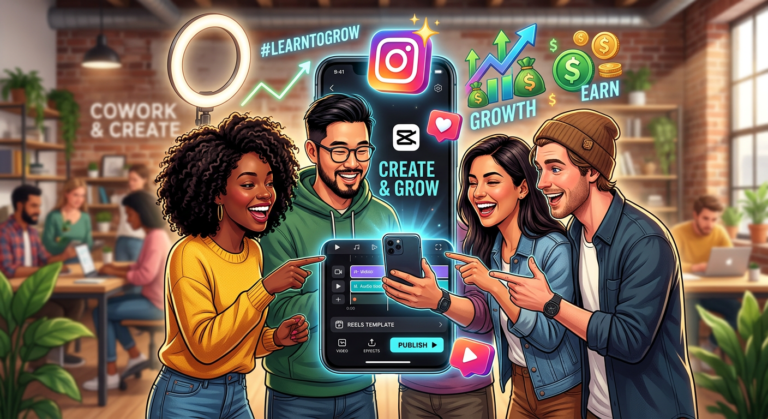 Grupo de pessoas colaborando e sorrindo em torno de um smartphone com interface de edição de vídeo de Reels, simbolizando aprendizado conjunto e sucesso na criação de conteúdo.