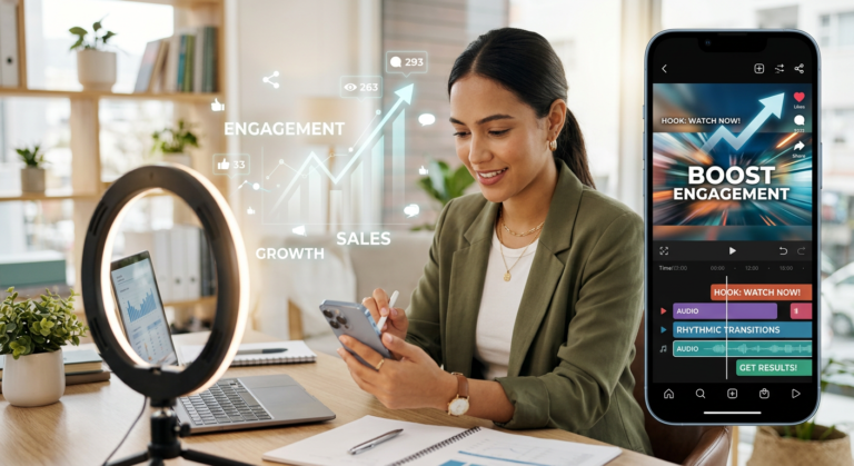 Pessoa editando um Reel profissional no celular usando técnicas do Reels Pro, com gráficos de crescimento de engajamento e vendas ao fundo.