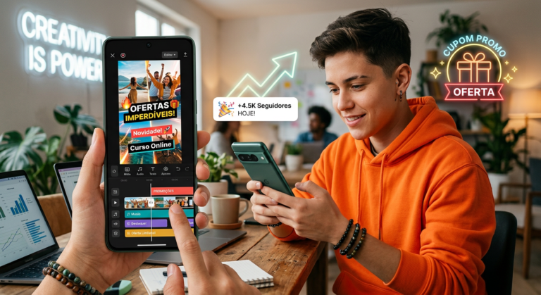 Jovem profissional editando um Reels dinâmico e estratégico em um smartphone, com a interface de um aplicativo de edição visível na tela. O cenário sutilmente indica sucesso em redes sociais (engajamento, vendas) e uma oportunidade de promoção ou cupom, ilustrando o valor do curso Reels Pro e suas ofertas de aniversário.