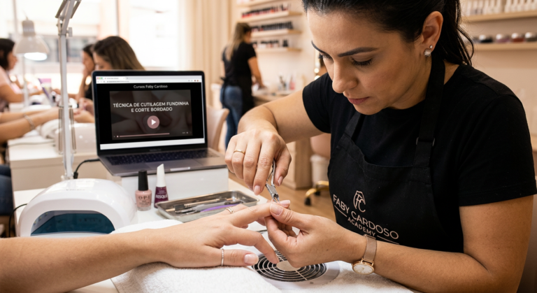 Manicure Faby Cardoso ensinando cutilagem fundinha e corte bordado em curso online, com foco em precisão e acabamento perfeito.