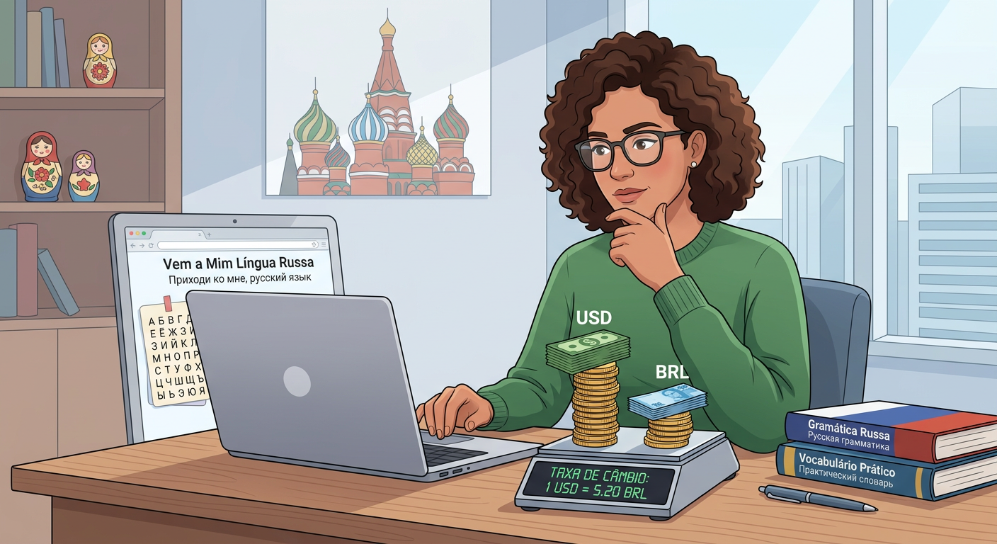 Pessoa estudando russo em laptop com moedas de dólar e real em uma balança, comparando qual câmbio é mais vantajoso para adquirir o curso 'Vem a Mim Língua Russa'.