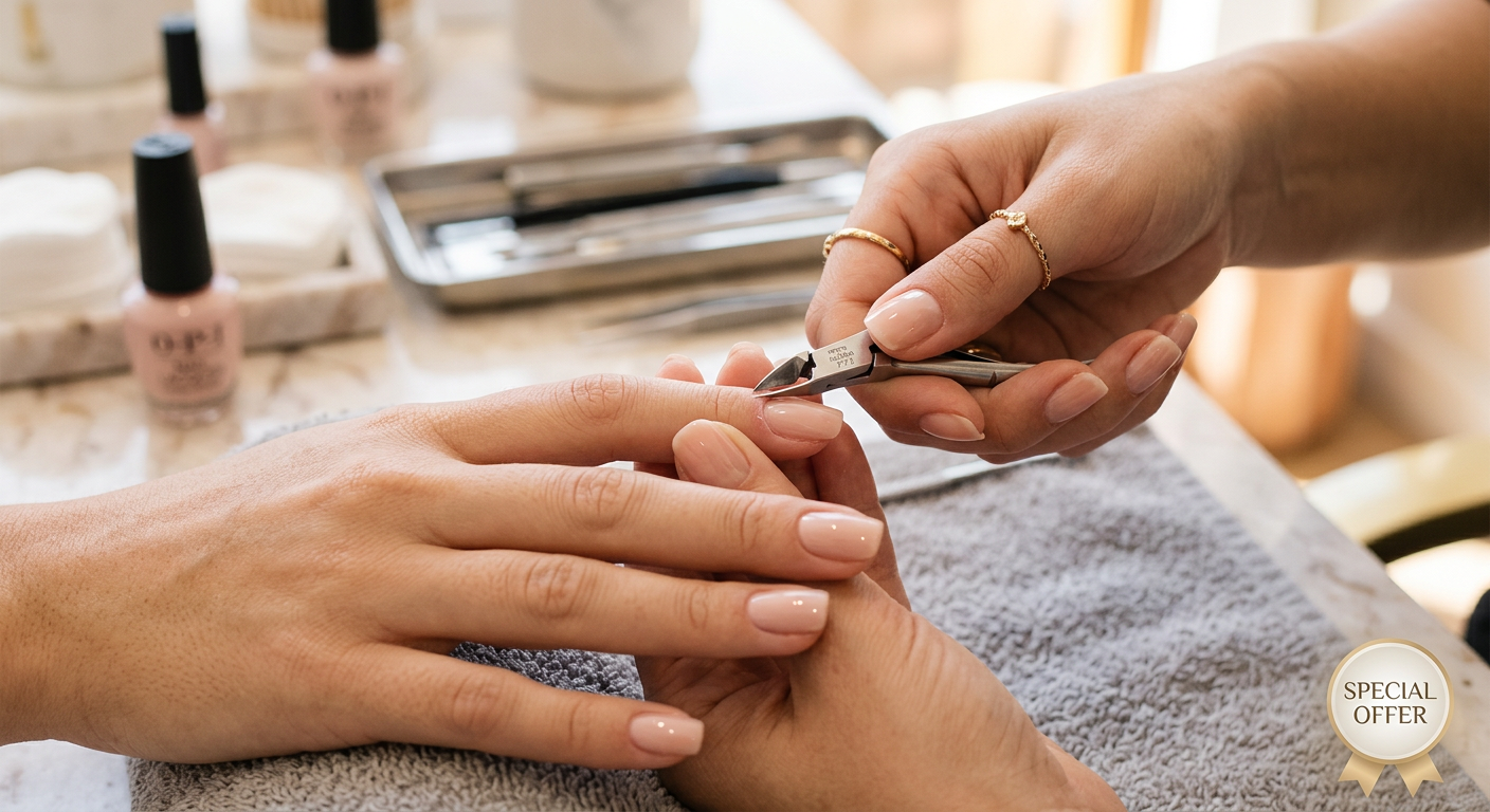 Manicure profissional utilizando alicate para realizar a técnica de cutilagem fundinha em unhas naturais perfeitamente esmaltadas. Representa o aprendizado no Curso de Cutilagem Faby Cardoso.