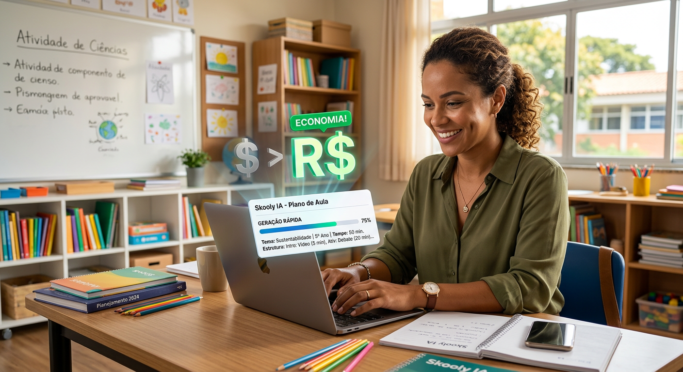 Educadora brasileira utilizando a plataforma Skooly IA em seu laptop, com uma comparação visual de custos R$ versus $ simbolizando economia em relação a ferramentas internacionais.