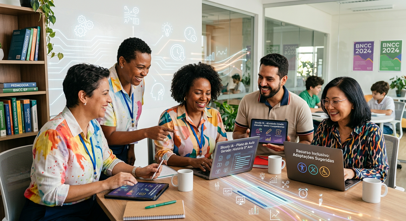 Educadores usando a plataforma Skooly IA em tablets e laptops para gerar planos de aula e atividades, simbolizando produtividade e inovação na educação.