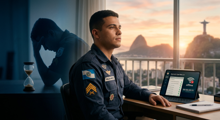 Jovem com uniforme da PMERJ estudando com tablet, com a sombra do arrependimento e um relógio de areia simbolizando o custo da inércia.