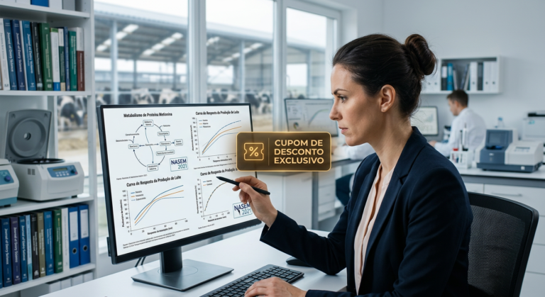Profissional de nutrição de bovinos leiteiros analisando dados do NASEM 2021 com cupom de desconto em tela