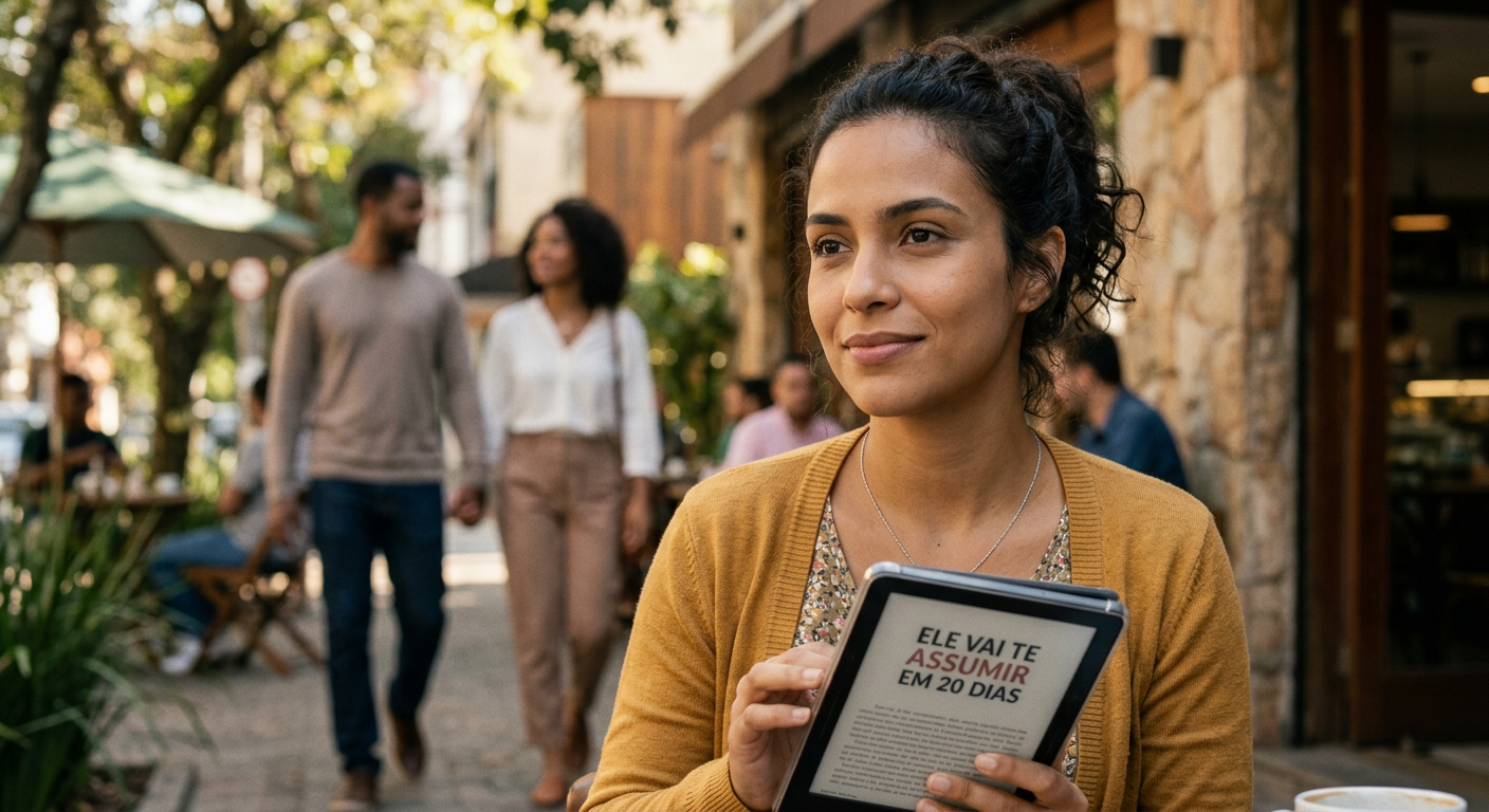 Mulher jovem lendo ebook 'Ele vai te ASSUMIR em 20 dias' com casal e calendário ao fundo, simbolizando guia de relacionamento e prazo.