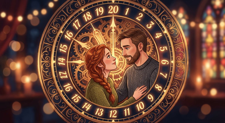 Ilustração de um relógio marcando 20 dias com um casal em um momento de conexão e intimidade, simbolizando a promessa de um relacionamento sendo assumido.