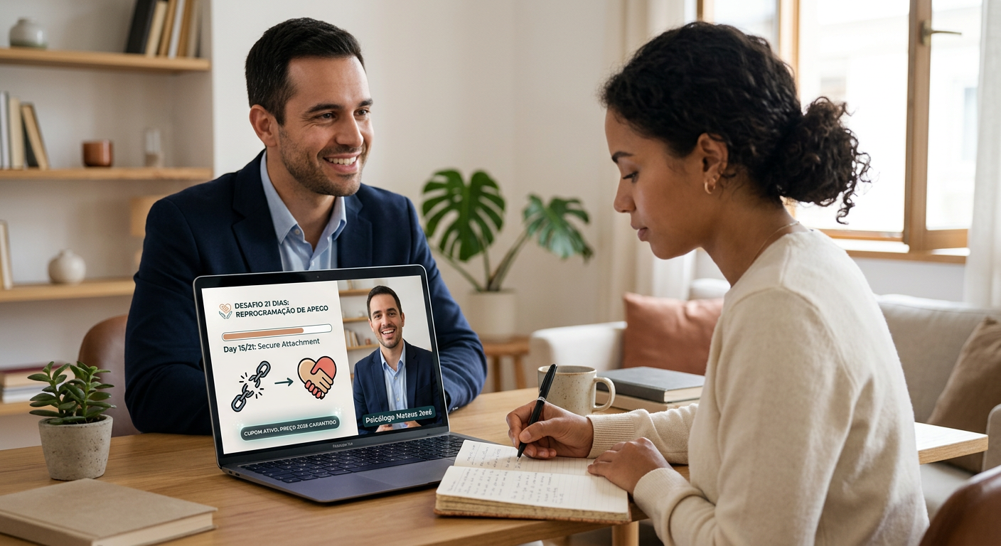 Psicólogo Mateus José em tela de laptop, guiando uma pessoa que escreve em diário, simbolizando o Desafio 21 Dias de Reprogramação de Apego com acesso ao menor preço de 2026.