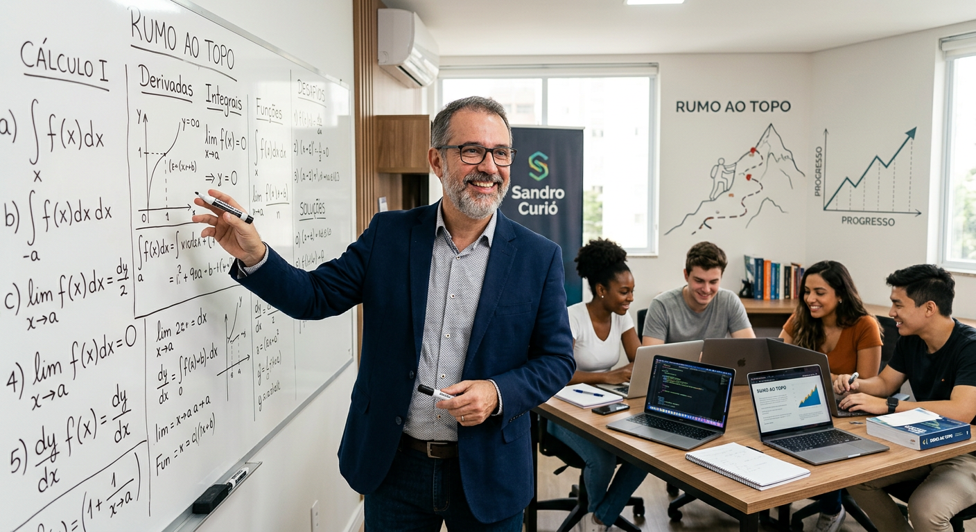 Professor Sandro Curió e grupo de estudantes colaborando em matemática para provas, com laptops e equações ao fundo.