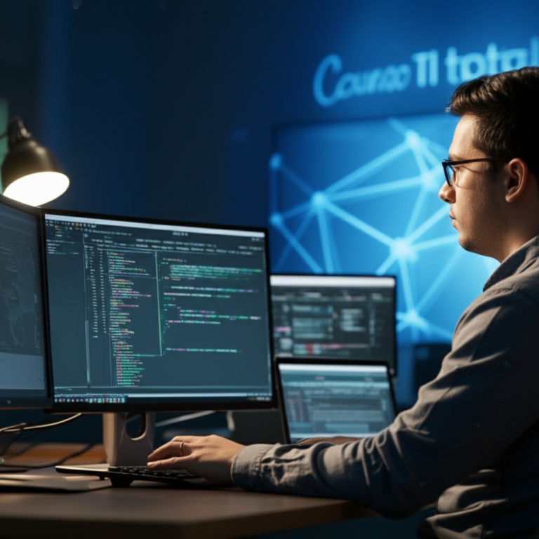 Profissional de TI trabalhando com várias telas e código