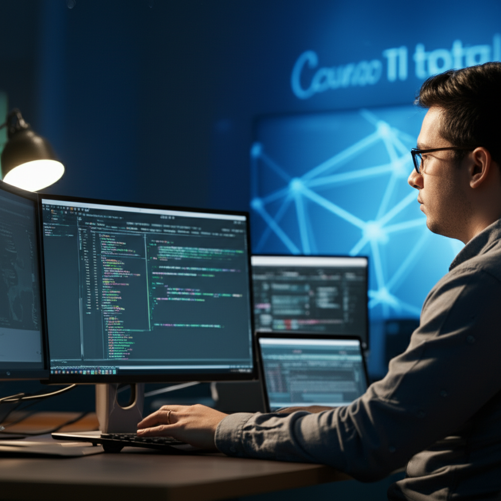 Profissional de TI trabalhando com várias telas e código