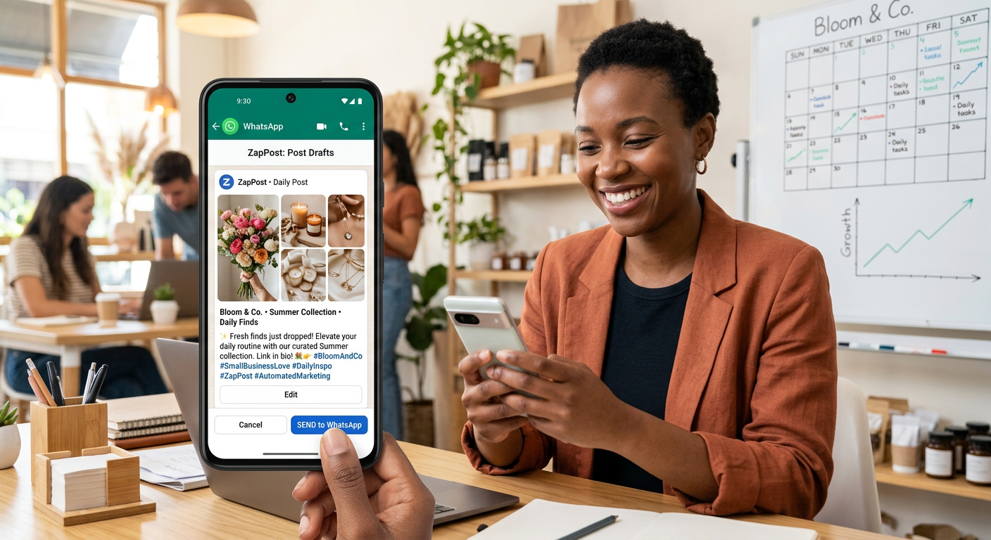 Empreendedora sorridente visualizando um post pronto do ZapPost recebido via WhatsApp no seu smartphone, simbolizando facilidade na criação de conteúdo diário para redes sociais e crescimento de negócios.