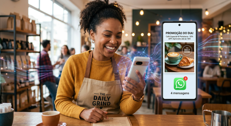 Pequeno empreendedor sorrindo com celular exibindo post de mídia social criado por IA, com ícone do WhatsApp e elementos de inteligência artificial ao fundo.