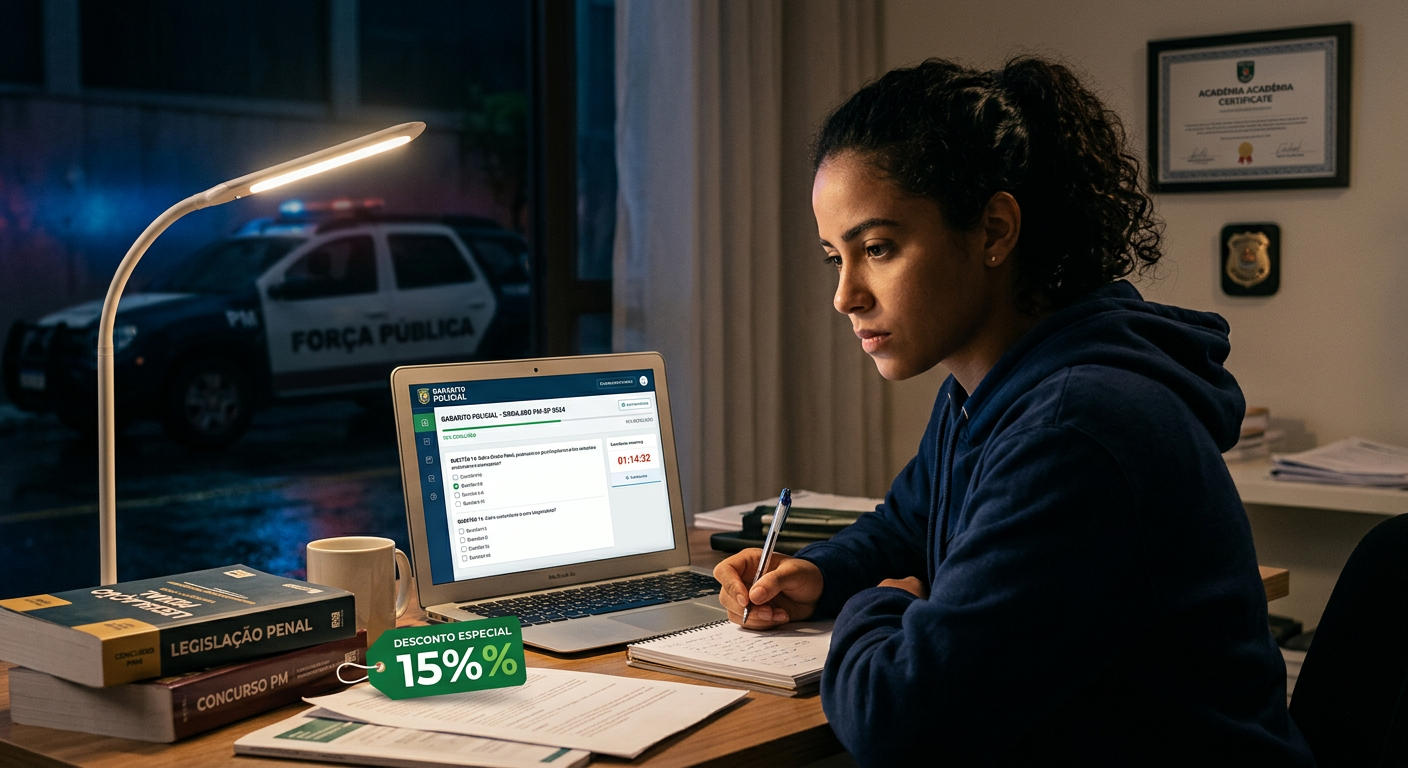 Estudante concentrado no notebook com a plataforma Gabarito Policial e um ícone de cupom de desconto, preparando-se para concurso.