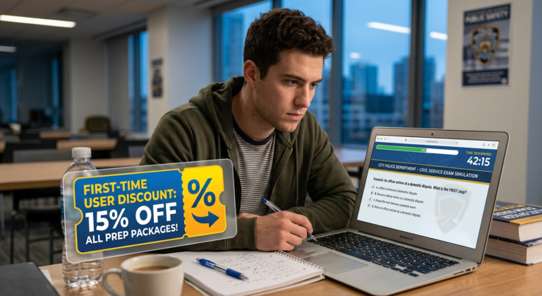 Estudante concentrado em um laptop com simulado de concurso policial e um cupom de desconto para primeira compra em destaque.