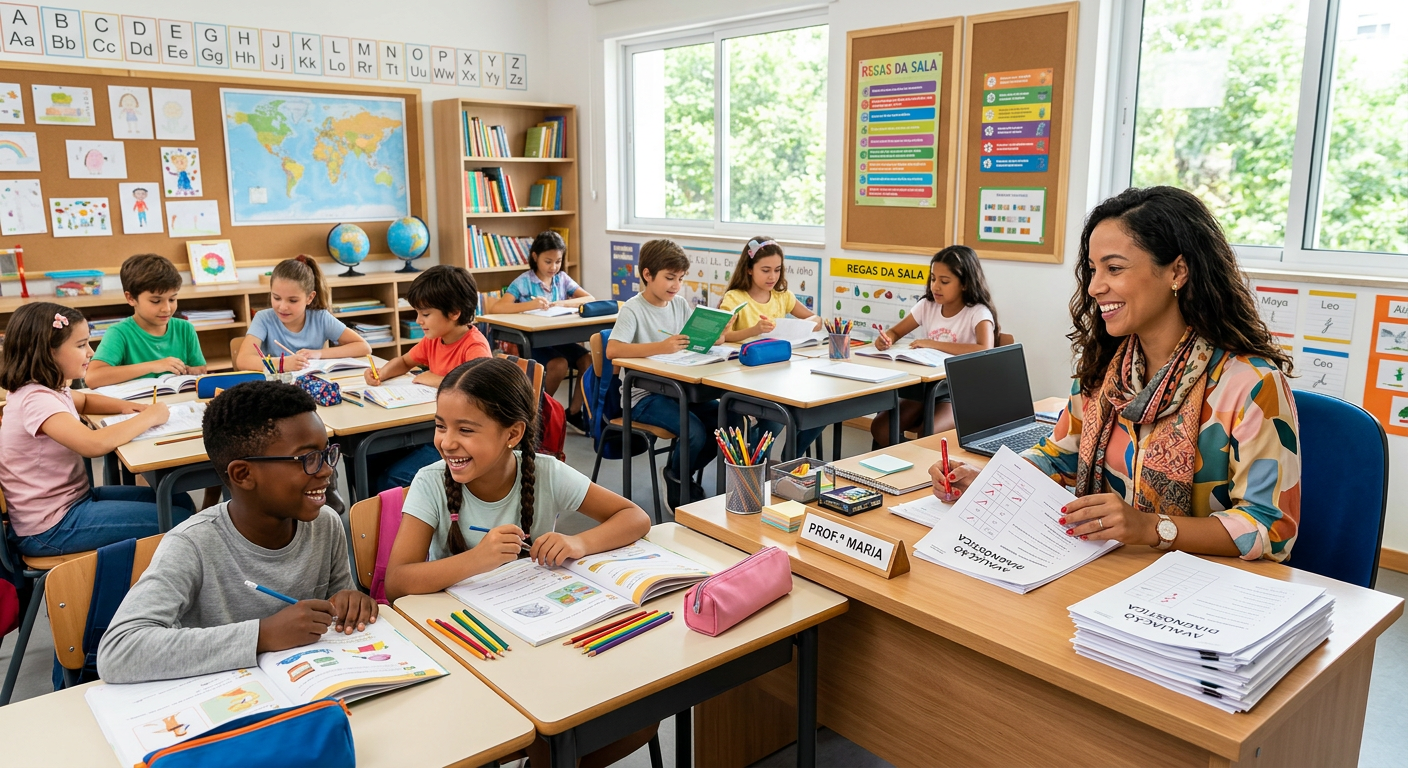 Professora sorrindo avalia materiais de Avaliação Diagnóstica 1º ao 5º ano em uma sala de aula com alunos felizes e engajados no ensino fundamental.